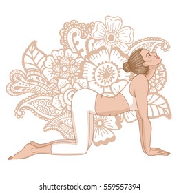 Women silhouette on paisley mehndi ormanent background. . Cow yoga pose. Bitilasana. Vector illustration