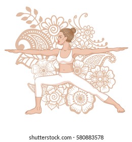 Women silhouette on paisley mehndi ormanent background. Warrior 2 yoga pose. Virabhadrasana 2 Vector illustration