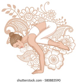 Women silhouette on paisley mehndi ormanent background. Crane yoga pose. Bakasana. Vector illustration