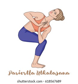 Women silhouette. Revolved Chair Yoga Pose. Parivrtta Utkatasana Vector illustration