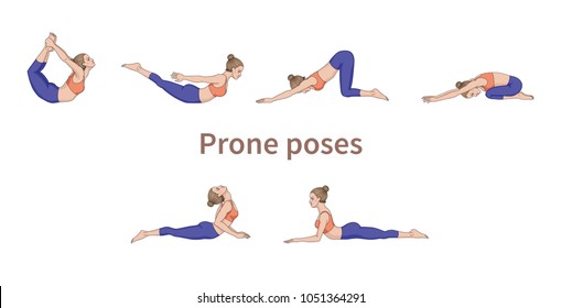 Women silhouettes. Collection of yoga poses. Asana set. Vector illustration. Prone poses