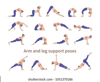 Women silhouettes. Collection of yoga poses. Asana set. Vector illustration. Arm and leg support poses