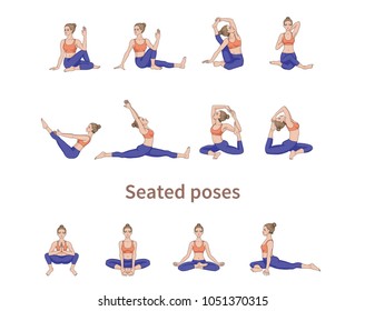 Women silhouettes. Collection of yoga poses. Asana set. Vector illustration. Seated poses