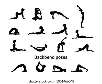 Women silhouettes. Collection of yoga poses. Asana set. Vector illustration. Backbend poses