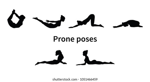 Women silhouettes. Collection of yoga poses. Asana set. Vector illustration. Prone poses