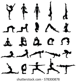 Women silhouettes. Collection of yoga poses. Asana set. Vector illustration