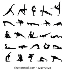 Women silhouettes. Collection of yoga poses. Asana set. Vector illustration