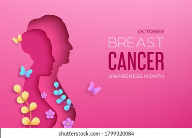 Women silhouettes in paper cut style with shadow on a pink background. October is world breast cancer awareness month. Front view women, flowers, branches, butterflyes. Vector illustration.