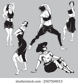 women silhouettes set dancing black and white comics cartoon