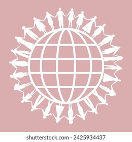 Women silhouettes. White on pink. Women are holding hands, stand around the globe. International Women's Day or Earth day concept. Multicultural group of people. Vector illustration