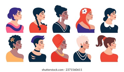 Siluetas femeninas. La mujer se enfrenta a una visión de lado, un grupo de diferentes razas femeninas juntas, la lucha racista. Chicas con cortes de pelo y accesorios. Moda vectorial, caricatura lisa ilustración aislada