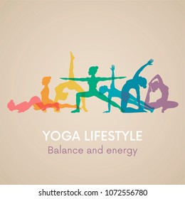 Women silhouettes. Yoga poses. Balance Yoga studio logo