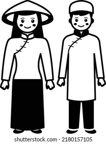 Women in silk tunic with pants worn Man in ao dai with tet vector icon design, World Indigenous Peoples symbol, characters in casual clothes Sign, Vietnamese couple standing together Concept