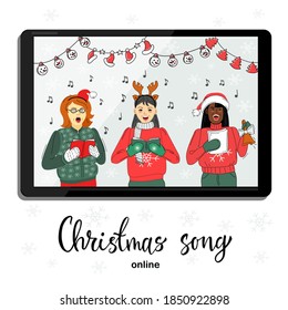 Women sing Christmas songs online. Vector.