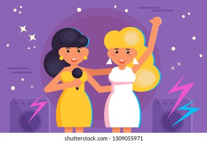 Women sing karaoke Vector. Cartoon. Isolated art on white background. Flat