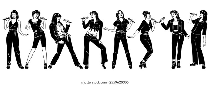 Women Singers Set. Jazz, pop, rock, country, disco vocalists. Black and white vector cliparts isolated on white.