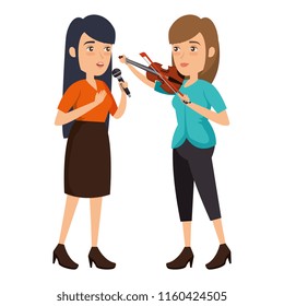 women singing with microphone and playing fiddle