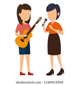 women singing with microphone and playing guitar