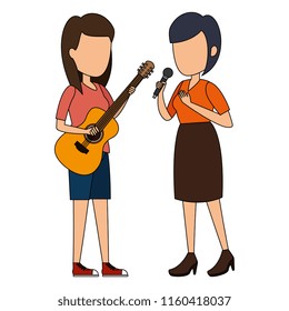 women singing with microphone and playing guitar