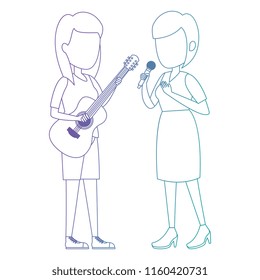 women singing with microphone and playing guitar