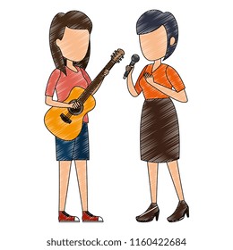 women singing with microphone and playing guitar