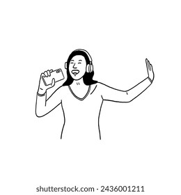 Women singing People wear headphones Cheerful action Hand drawn sketch line art Illustration