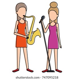 women singing and playing saxophone