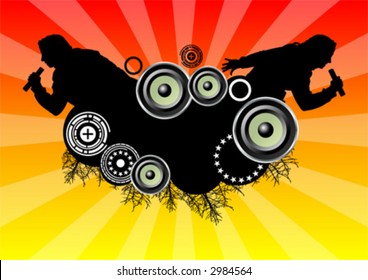 Women singing silhouettes over abstract background