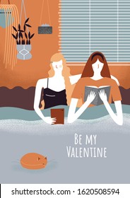 Women sisterhood solidarity. Two lonely girl in bed reading book or online surfing. Friendship between people. Be my Valentine cozy post card concept. Isolated illustration