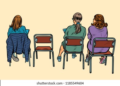 women sit back on chairs. Pop art retro vector illustration vintage kitsch