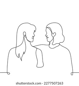 women sit face to face   smile  one hugs the other    one line drawing vector  friends  lovers concept