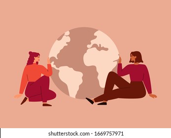 Women sit near big globe. Friendly girls care about planet Earth. Environmental conservation vector concept.