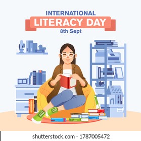 women sit on bean bag while reading book in the living room with books around for international literacy day campaign poster. used for poster, website image and other