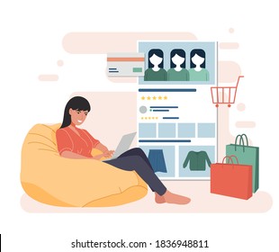 women sit on beanbag and online shopping using laptop, buy clothes on online store vector illustration. used for landing page illustration and other 