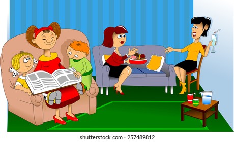 Women sit on the couch and talk; children read a book