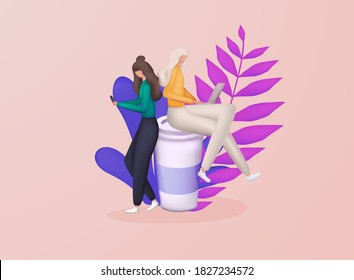 Women sit on a large cup and working. Concept coffee break, coffee shop, communication and work/education. 3d vector illustration.