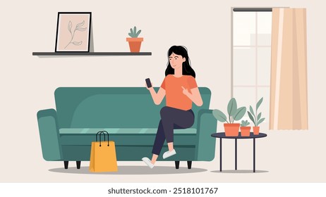 Women sit on the sofa, using mobile online shopping concept flat art design vector illustration.