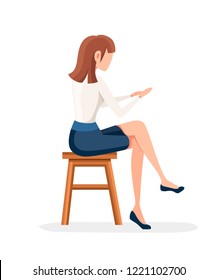 Women sit on wooden chair. No face character design. Girl sit with crossed legs in formal wear. Flat vector illustration isolated on white background.