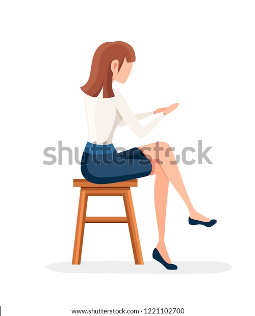 女は木の椅子に座る 顔文字のデザインがありません 女の子は股を組んで正装して座る 白い背景に平らなベクターイラスト のベクター画像素材 ロイヤリティフリー