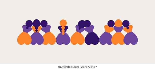 women sit side by side and take care of each other. Back view of female silhouettes for women's day. Sisterhood and community for girls. Vector horizontal abstract illustration