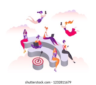 Women sit and stand on the 3d podium in the form of wi-fi. Public free wifi hotspot zone. Modern flat vector illustration isolated on white background