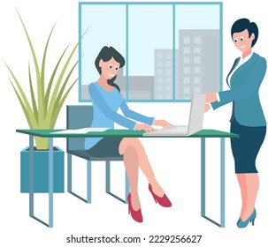 Women sit at table and communicate. Colleagues spend time together during work or rest. Characters discussing tasks at workplace. Working meeting, communication, dialogue, conversation concept