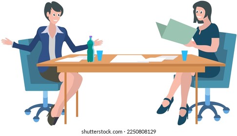 Women sit at table and communicate. Colleagues spend time together during work or rest. Characters discussing tasks at workplace. Working meeting, communication, dialogue, conversation concept