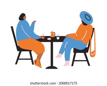 Women sit at tables in the great hall. People are having lunch or dinner at a restaurant. Colorful illustration in flat cartoon style. Vector illustrations with stylish modern women in casual clothes.