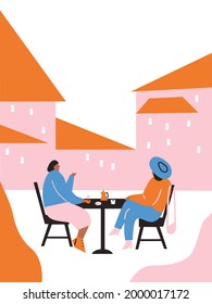 Women sit at tables on the street. People are having lunch or dinner at a restaurant. Colorful illustration in flat cartoon style. Vector illustrations with stylish modern women in casual clothes.