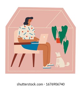 Women siting in a chair with dog and working online at home illustration. Social distancing and self-isolation during corona virus quarantine.