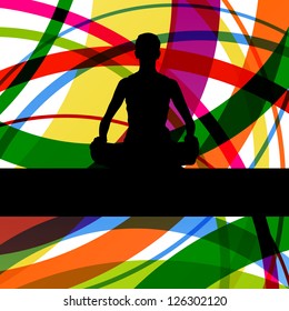 Women siting in lotus position doing gymnastic exercises fitness illustration colorful line background vector