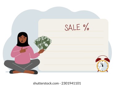 The women sits cross-legged and holds a lot of cash. Nearby is a poster with the text sale and a percent sign. Sale, discount or black friday concept.