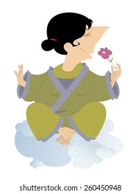 Women sits on the clouds and meditates