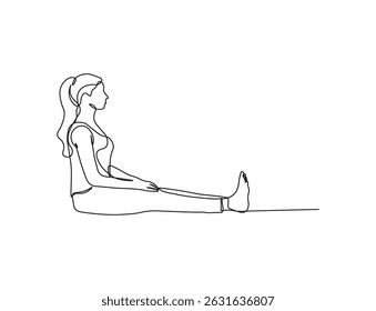 A women sits on the floor sketch in continuous line drawing style. Minimalist black linear sketch isolated on white background. Vector illustration